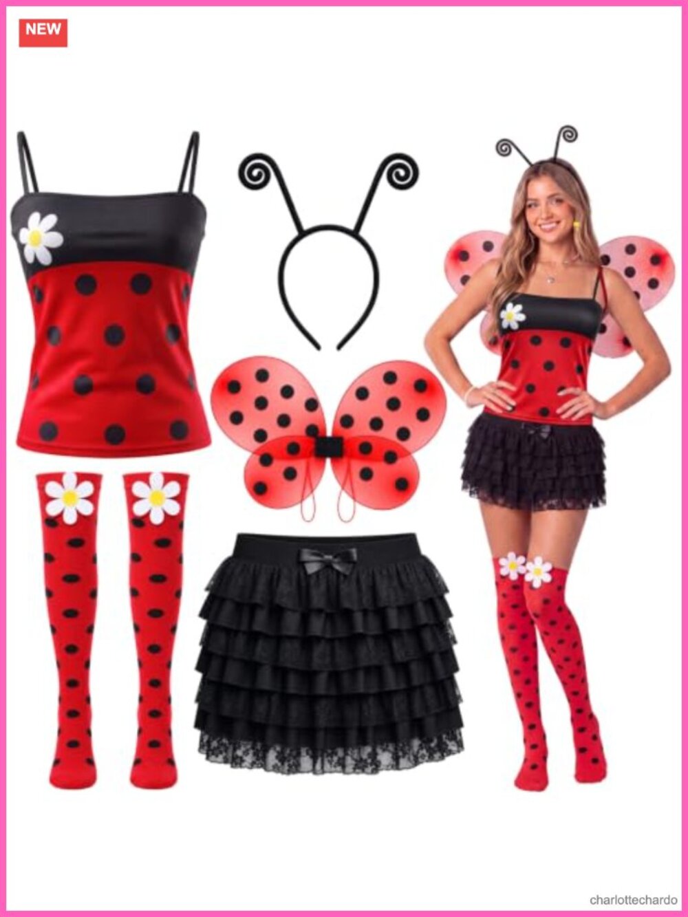 Women's Ladybug Costume Set 5 Piece Polka Dot Lace Wings Socks Headband